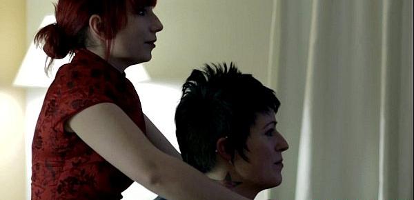  Inked transgirl straponfucked by redhead babe